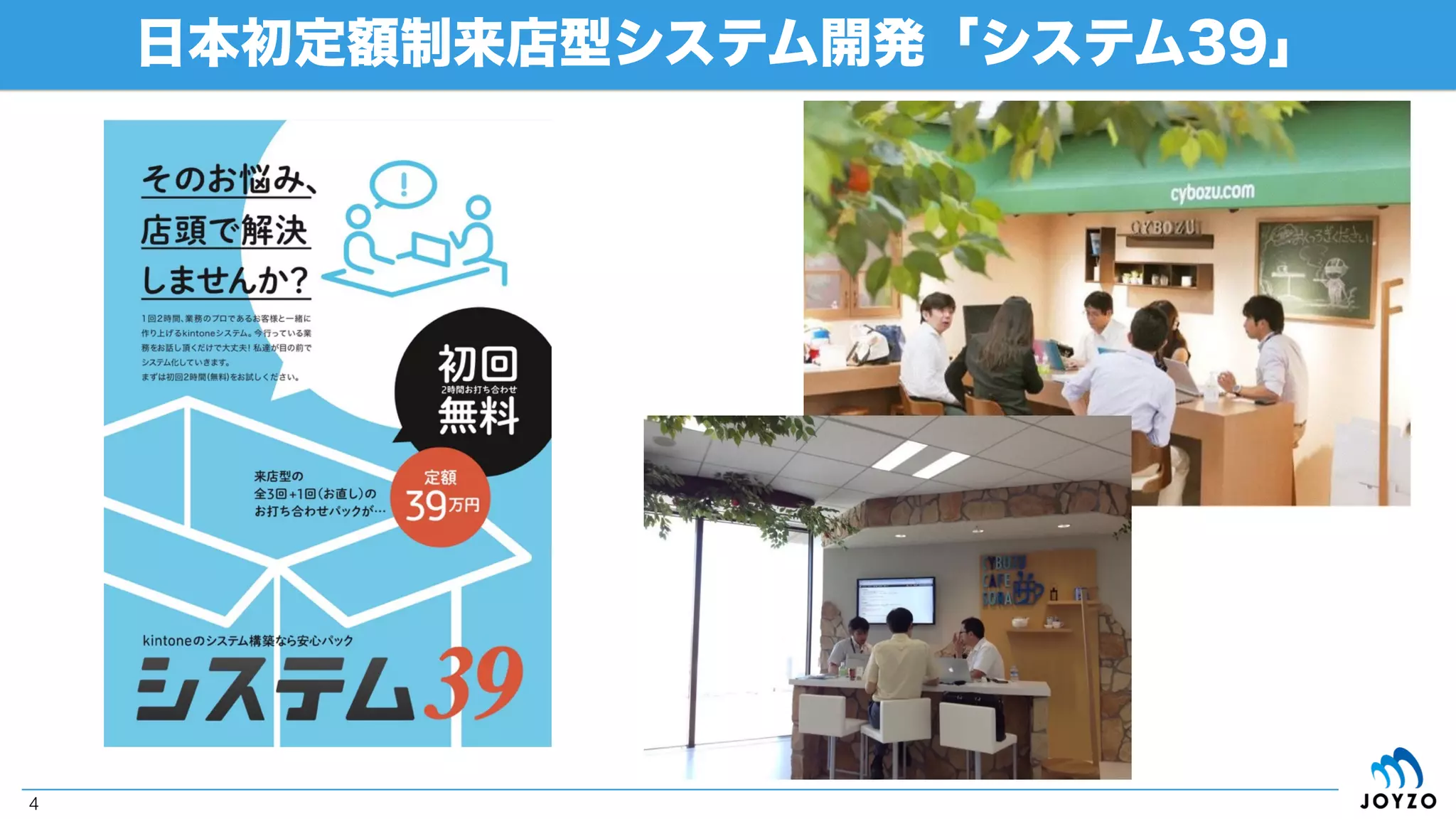会社紹介「株式会社ジョイゾー」
4
会社名
 株式会社ジョイゾー
所在地
 東京都江東区木場３­５­５
設立
 2010年12月20日（6期目）
社員数
 8名（kintoneエバンジェリスト2名）
主な事業
 kintone導入支援・カスタマイズ開発
 サイボウズOffice/ガルーン構築支援 案件の9割以上がkintone
 