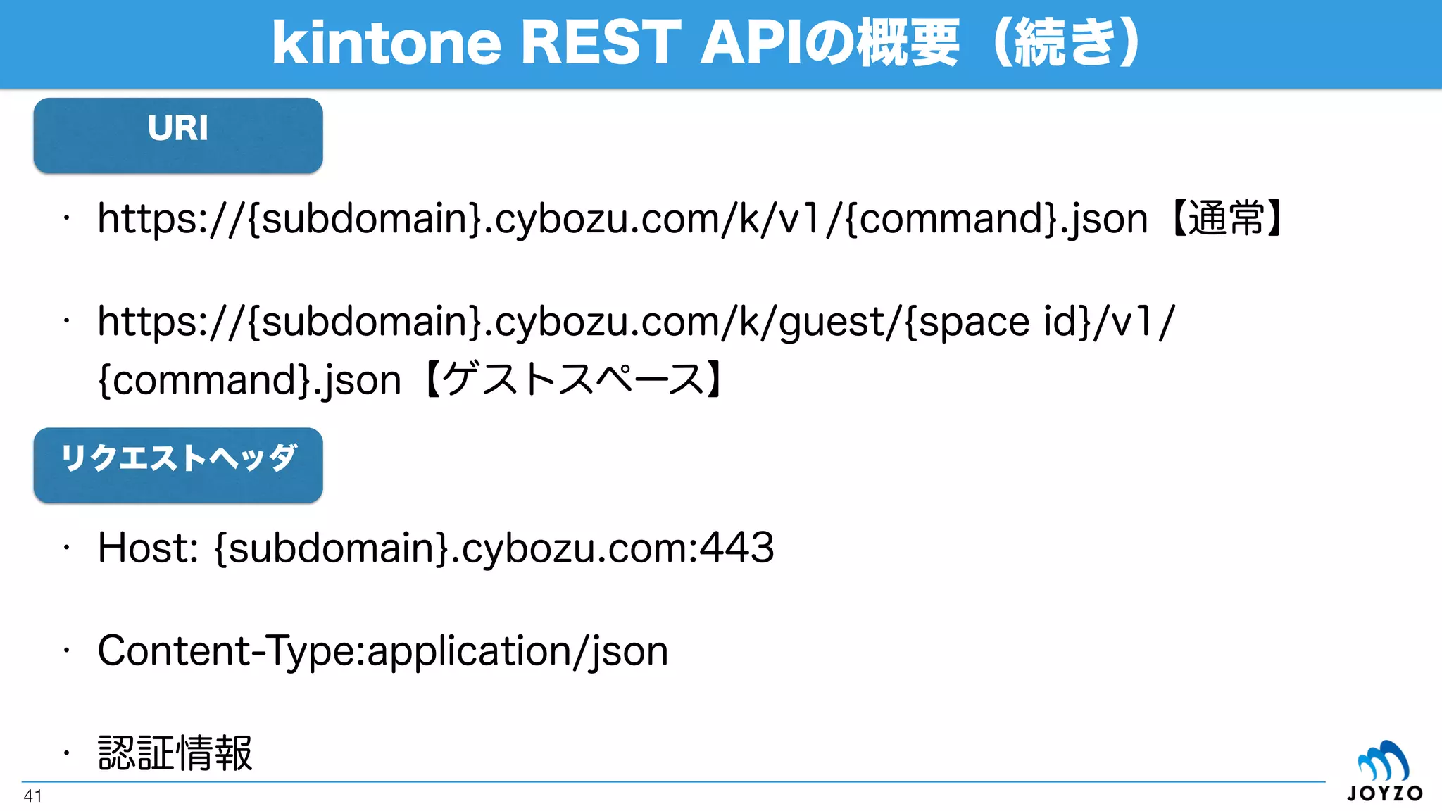 ハンズオンの手順
①BLE CentralからBLE Peripheralの
センサーデータをAWS IoT Device GWへ
MQTT Publish
AWS
Lambda
IoT Device ← AWS IoT ← Lambda ← kintone
MQTT
AWS IoT
Event
REST
API
IoT Device
BLE
Peripheral
BLE
Central
②AWS IoTルール
エンジンでイベントドライブ
③Lambdaから
kintoneへのレコード操作
データやプロセスの終着点側から設定すると、スムーズに進みます！
41
 
