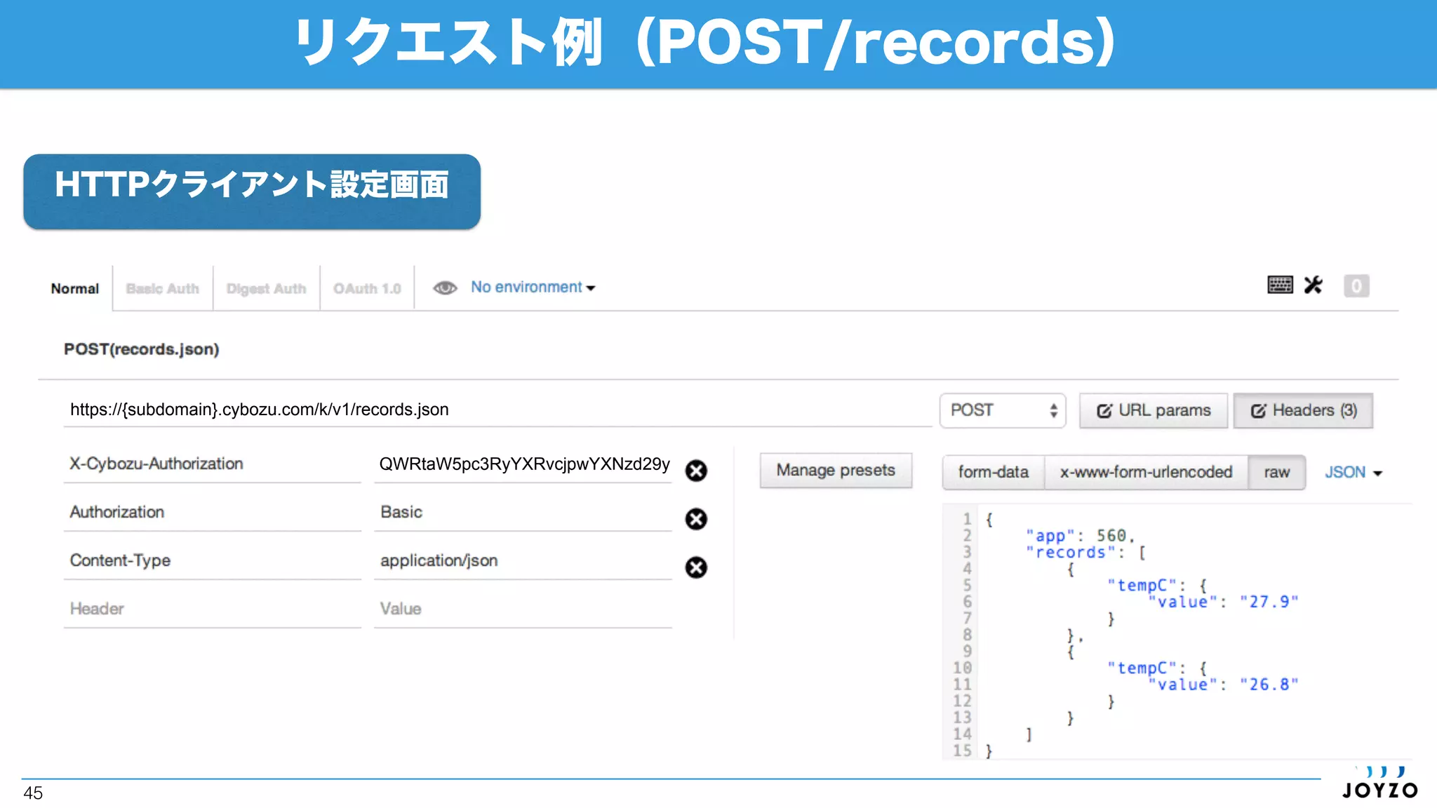 kintone3大要素とREST API（ポータル画面）
45
スペースの
作成・メンバー更新等
アプリの作成・更新
（欲しい）
（参考：「cybozu.com developer network > kintone API」）
 