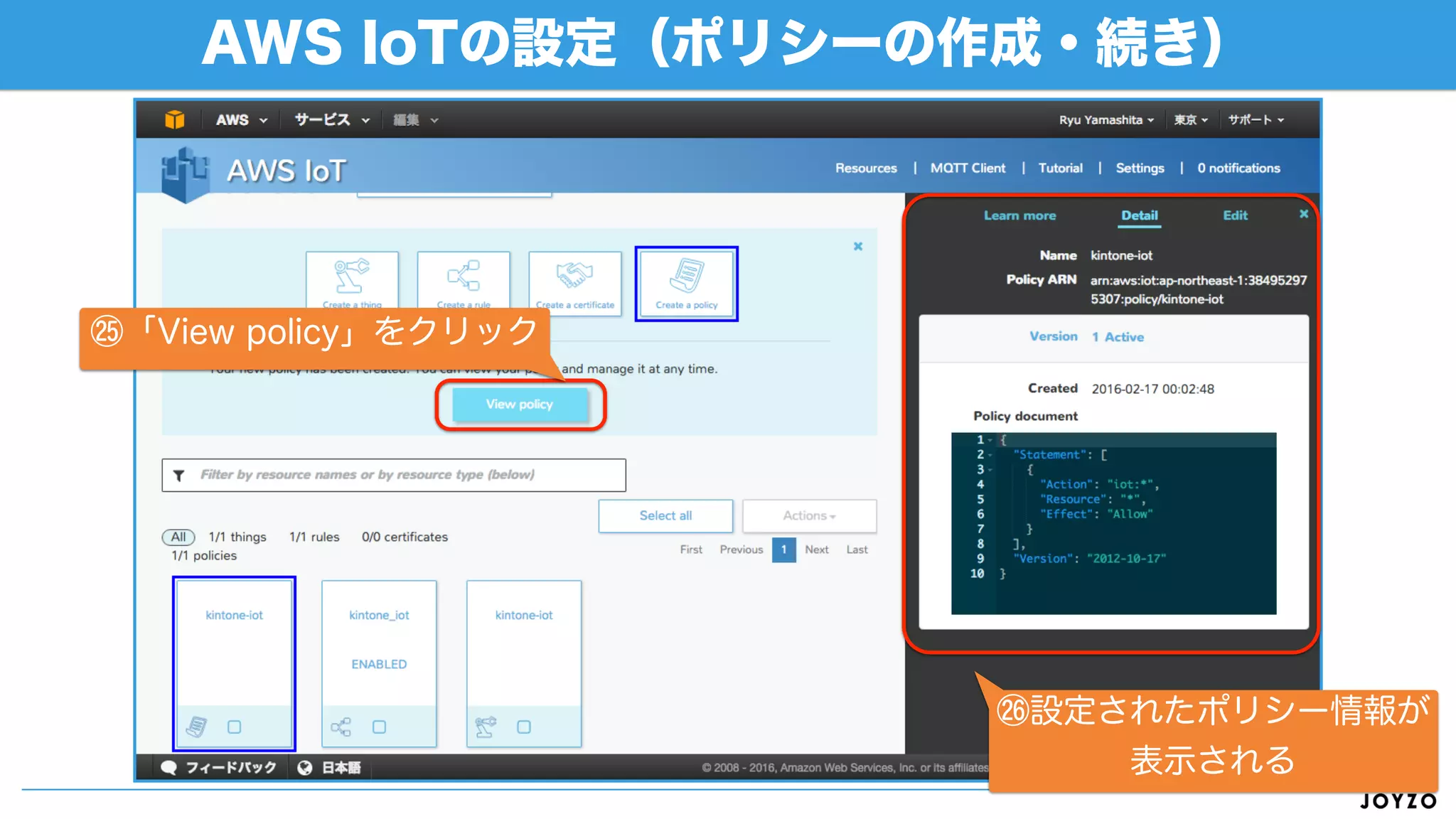 Lambda・関数の設定（続き）
87
⑲テスト実行が成功すると「Execution result」が
「succeeded」になり、kintoneのレスポンスが出力される
 