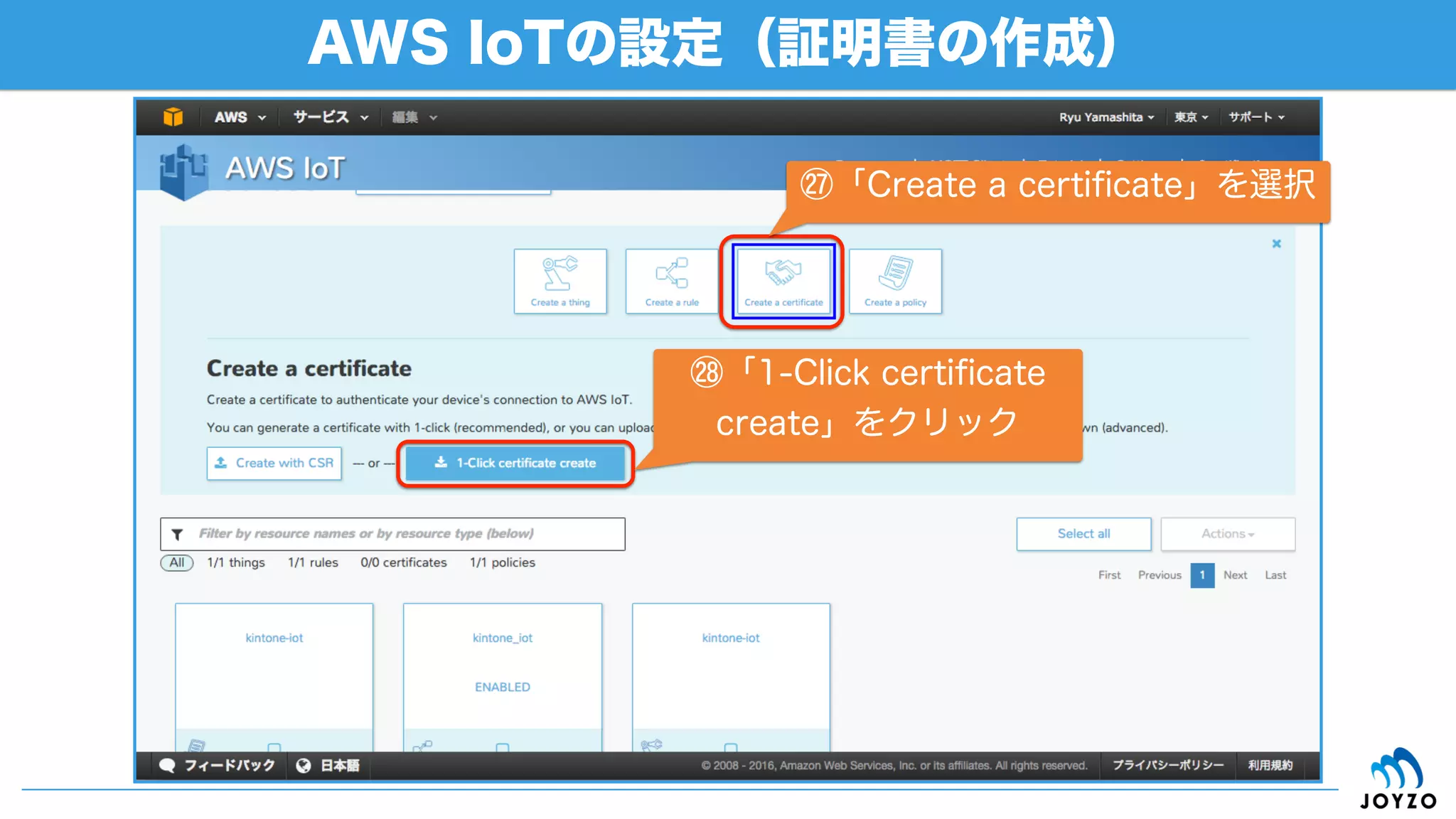 • event（PublishされたメッセージがAWS IoT経由で渡される）デー
タを用いてkintoneへのレコード登録を行う
イベントコード「kintone_iot.js」の概要
88
 