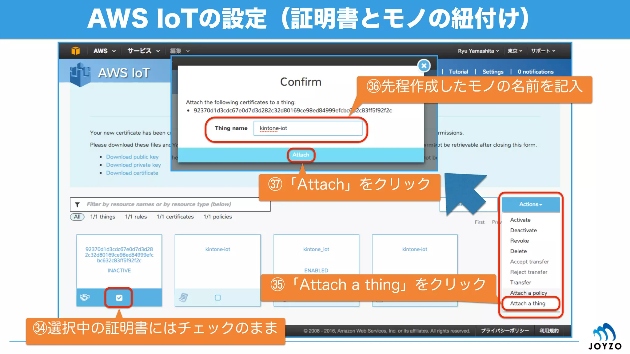 // regist record to kintone
var postRecord = function(event, callback) {
console.log('start postRecord');
// set request body
var params = {
"app": APP_ID,
"record": {
"time": {
"value": event.time || event.timestamp || ""
},
"device": {
"value": event.device || "devsumi_device"
},
"temp": {
"value": event.temp || ""
},
"humidity": {
"value": event.humidity || ""
}
}
};
var json = JSON.stringify(params);
// set request headers
var options = getOptions('/k/v1/record.json', 'POST');
options.headers['Content-Type'] = 'application/json';
// access to kintone REST API
var req = https.request(options, function(res) {
console.log('STATUS: ' + res.statusCode);
console.log('HEADERS: ' + JSON.stringify(res.headers));
res.setEncoding('utf8');
res.on('data', function(chunk) {
console.log('BODY: ' + chunk);
if (res.statusCode === 200) {
callback(null, JSON.parse(chunk));
}
});
});
req.on('error', function(e) {
console.log('problem with request: ' + e.message);
callback(e.message);
});
req.write(json);
req.end();
};
イベントコード「kintone_iot.js」の部分解説（続き）
91
eventを処理してレコード登録を行う関数（24行∼）
eventから登録するrecordを作成
「Content-Type: application/json」を
リクエストヘッダに付加
POST/recordをコール
 