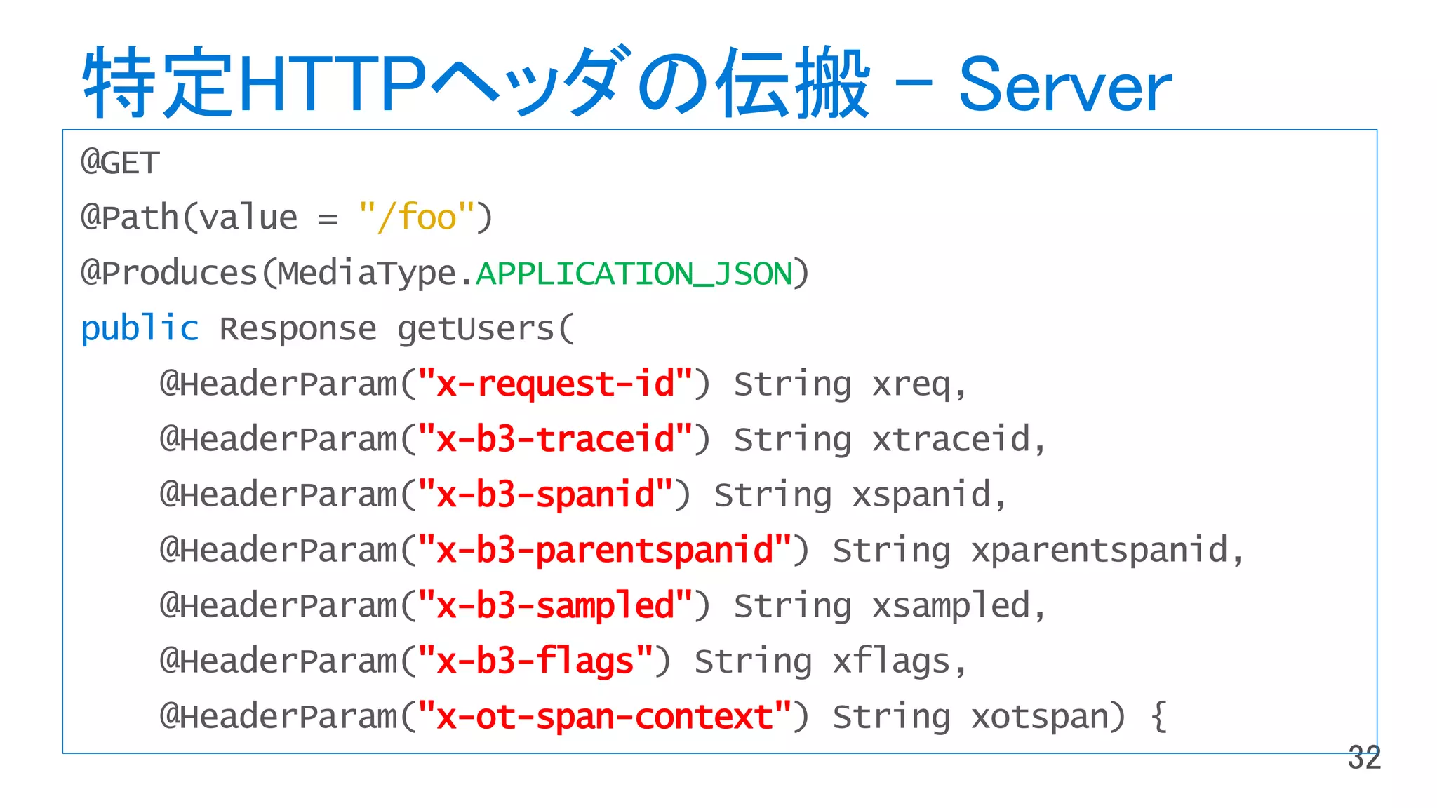 特定HTTPヘッダの伝搬 - Server
"/foo"
APPLICATION_JSON
public
"x-request-id"
"x-b3-traceid"
"x-b3-spanid"
"x-b3-parentspanid"
"x-b3-sampled"
"x-b3-flags"
"x-ot-span-context"
 
