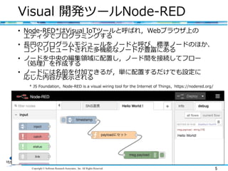 Copyright © Software Research Associates, Inc. All Rights Reserved 5
Visual 開発ツールNode-RED
• Node-RED*はVisual IoTツールと呼ばれ，Webブラウザ上の
エディタでプログラミングする
• 長円のプログラムモジュールをノードと呼び、標準ノードのほか、
コントリビュートされた多機能なノードが豊富にある
• ノードを中央の編集領域に配置し，ノード間を接続してフロー
（処理）を作成する
• ノードには名前を付加できるが，単に配置するだけでも設定に
応じた内容が表示される
* JS Foundation，Node-RED is a visual wiring tool for the Internet of Things，https://nodered.org/
 