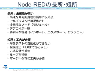 Copyright © Software Research Associates, Inc. All Rights Reserved
Node-REDの長所・短所
長所：生産性が高い
• 高速な非同期処理が簡単に扱える
• アルゴリズムが可視化され
• 多機能なノード（モジュール）
• デプロイが一瞬
• 再利用が容易（インポート、エクスポート、サブフロー）
短所：工夫が必要
• 単体テストの自動化ができない
• 発展途上（1.0まであと少し）
• 方式設計が重要
• ループが特殊
• マージ・保守に工夫が必要
 