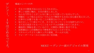 /40
Developers Summit, Feb. 16th 2018 / Seiichi Koizumi / Digital Innovation, Engineering Research & Development
© DENSO CORPORATION All RightsReserved.
デ
ン
ソ
ー
、
Ｉ
Ｔ
は
じ
め
る
っ
て
よ
。
職場メンバーの声:
• 今までの開発手法にはもうもどれません。
• 新しい技術に触れ、自分が進化しました。
• みんなで作ることがこんなに楽しいとは思っていませんでした。
• 問題を一人で抱え込まないでみんなで解決する方式に安心感を覚えました。
• 仕事中にお菓子を食べることが推奨されています。
• 毎日少ししづつ変えていき、日々良くなっていくのは気持ちがいい。
• まだまだ成長できるってことをスクラムは体験させてくれます。
• 徹底的に無駄を省いているので、圧倒的に開発に集中できる。
• 技術選定から仕様検討まで開発者が入ることができる。
• スキルマッチより人物マッチが重要。チームが大切。
• ウォーターフォールには戻れない充実感。
NEXT → デンソー流のアジャイル開発
11
 