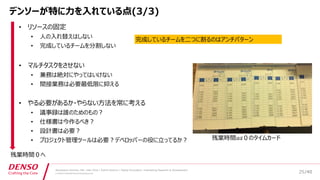 /40
Developers Summit, Feb. 16th 2018 / Seiichi Koizumi / Digital Innovation, Engineering Research & Development
© DENSO CORPORATION All RightsReserved.
デンソーが特に力を入れている点(3/3)
• リソースの固定
• 人の入れ替えはしない
• 完成しているチームを分割しない
• マルチタスクをさせない
• 兼務は絶対にやってはいけない
• 間接業務は必要最低限に抑える
• やる必要があるか・やらない方法を常に考える
• 議事録は誰のためのもの？
• 仕様書は今作るべき？
• 設計書は必要？
• プロジェクト管理ツールは必要？デベロッパーの役に立ってるか？ 残業時間ほぼ０のタイムカード
残業時間０へ
完成しているチームを二つに割るのはアンチパターン
25
 