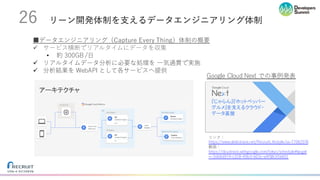 リーン開発体制を⽀えるデータエンジニアリング体制26
リンク：
https://www.slideshare.net/RecruitLifestyle/ss-77062076
動画：
https://cloudnext.withgoogle.com/tokyo/schedule#target
=-3db6d974-c318-49b3-b03c-a4f58c55b601
Google Cloud Next での事例発表
■データエンジニアリング（Capture Every Thing）体制の概要
ü サービス横断でリアルタイムにデータを収集
• 約 300GB /⽇
ü リアルタイムデータ分析に必要な処理を ⼀気通貫で実施
ü 分析結果を WebAPI として各サービスへ提供
 