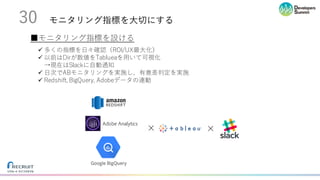 モニタリング指標を⼤切にする30
■モニタリング指標を設ける
ü 多くの指標を⽇々確認（ROI/UX最⼤化）
ü 以前はDirが数値をTablueaを⽤いて可視化
→現在はSlackに⾃動通知
ü ⽇次でABモニタリングを実施し、有意差判定を実施
ü Redshift, BigQuery, Adobeデータの連動
× ×
 