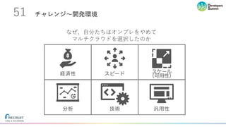 チャレンジ〜開発環境
なぜ、⾃分たちはオンプレをやめて
マルチクラウドを選択したのか
51
経済性 スピード スケール
（可用性）
分析 技術 汎用性
 