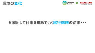 環境の変化
組織として仕事を進めていく試行錯誤の結果・・・
 