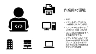 作業用PC環境
• BYOD
• PCセットアップは社内
LAN接続でドメイン参加
• スマフォのセットアップ
はInternet 経由（Intune）
• Internetがあればほぼすべ
ての業務ができる
• オフィス内にいるときで
もIntranetを利用する必要
がない（どちらでも可）
給与確認などHR関連はさ
すがにVPNが必要
 