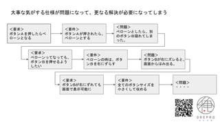 ＜要求＞
ボタンＡを押したらべ
ローンとなる
＜要件＞
ボタンＡが押されたら、
べローンとする
＜問題＞
べローンとしたら、別
のボタンＢ隠れてしま
った。
大事な気がする仕様が問題になって、更なる解決が必要になってしまう
＜要求＞
べローンってなっても、
ボタンＢを押せるよう
したい
＜要件＞
べローンの時は、ボタ
ンＢを右にずらす
＜問題＞
ボタンBが右にズレると、
画面からはみ出る。
＜要求＞
ボタンBが右にずれても
画面で表示可能に
＜要件＞
全てのボタンサイズを
小さくして収める
＜問題＞
・・・・
 