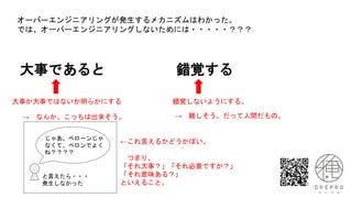 大事であると 錯覚する
大事か大事ではないか明らかにする 錯覚しないようにする。
オーバーエンジニアリングが発生するメカニズムはわかった。
では、オーバーエンジニアリングしないためには・・・・・？？？
→ 難しそう。だって人間だもの。
→ なんか、こっちは出来そう。
じゃあ、ベローンじゃ
なくて、ペロンでよく
ね？？？？
と言えたら・・・
発生しなかった
←これ言えるかどうかぽい。
つまり、
「それ大事？」「それ必要ですか？」
「それ意味ある？」
といえること。
 