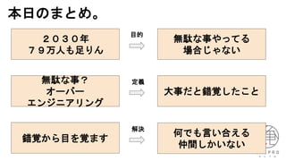 本日のまとめ。
２０３０年
７９万人も足りん
無駄な事やってる
場合じゃない
無駄な事？
オーバー
エンジニアリング
大事だと錯覚したこと
錯覚から目を覚ます
目的
定義
何でも言い合える
仲間しかいない
解決
 