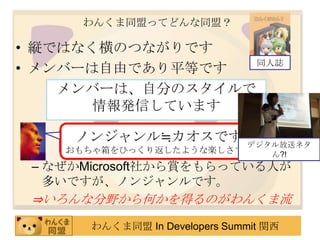 わんくま同盟ってどんな同盟？縦ではなく横のつながりですメンバーは自由であり平等ですなぜかMicrosoft社から賞をもらっている人が多いですが、ノンジャンルです。⇒いろんな分野から何かを得るのがわんくま流同人誌メンバーは、自分のスタイルで情報発信していますノンジャンル≒カオスですおもちゃ箱をひっくり返したような楽しさですMSのテクノロジ使ってないけれとアウェー感たっぷりって聞いたのですがデジタル放送ネタん?!
