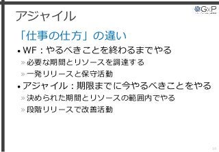 アジャイル
「仕事の仕方」の違い
• WF：やるべきことを終わるまでやる
»必要な期間とリソースを調達する
»一発リリースと保守活動
• アジャイル：期限までに今やるべきことをやる
»決められた期間とリソースの範囲内でやる
»段階リリースで改善活動
19
 