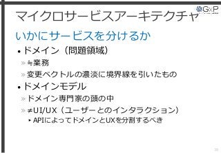 マイクロサービスアーキテクチャ
いかにサービスを分けるか
• ドメイン（問題領域）
»≒業務
»変更ベクトルの濃淡に境界線を引いたもの
• ドメインモデル
»ドメイン専門家の頭の中
»≠UI/UX（ユーザーとのインタラクション）
▸APIによってドメインとUXを分割するべき
38
 