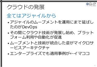 クラウドの発展
全てはアジャイルから
• アジャイルのムーブメントを運用にまで延ばし
たのがDevOps
• その間にクラウド技術が発展し始め、プラット
フォーム利用や自動化が促進
• ムーブメントと技術が統合した姿がマイクロサ
ービスアーキテクチャ
• エンタープライズでも適用事例が←イマココ
41
 