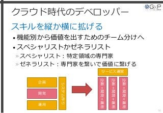 クラウド時代のデベロッパー
スキルを縦か横に拡げる
• 機能別から価値を出すためのチーム分けへ
• スペシャリストかゼネラリスト
»スペシャリスト：特定領域の専門家
»ゼネラリスト：専門家を繋いで価値に繋げる
50
開発
企画
システム作り
運用
サービス運営
企画＋開発＋運用
企画＋開発＋運用
企画＋開発＋運用
 