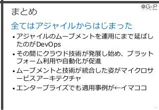 まとめ
全てはアジャイルからはじまった
• アジャイルのムーブメントを運用にまで延ばし
たのがDevOps
• その間にクラウド技術が発展し始め、プラット
フォーム利用や自動化が促進
• ムーブメントと技術が統合した姿がマイクロサ
ービスアーキテクチャ
• エンタープライズでも適用事例が←イマココ
53
 