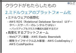 クラウドがもたらしたもの
2.ミドルウェアのプラットフォーム化
• ミドルウェアの仮想化
»AWS RDS（Relational Database Service）はデー
タベースサーバーのレンタルではない
▸バックアップもクラスタ構成も設定するだけ
• 高度化するプラットフォーム
»Webアプリ基盤：AWS Elastic Beanstalk
»開発ライフサイクル込み基盤：AWS CodeDeploy /
AWS CodePipeline
6
 