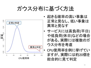 ガウス分布に基づく方法	
51	
異常と判定	
正常と判定	
•  起きる確率の高い事象は
正常と見なし、低い事象は
異常と見なす	
•  サービスには高負荷(平日)
や低負荷(休日)などの場合
がある。実際には複数のガ
ウス分布を考慮	
•  CPU使用率を例に挙げてい
ますが、実際には約20個を
総合的に見て判定	CPU使用率	
確	
率	
 