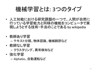 機械学習とは:	3つのタイプ	
•  人工知能における研究課題の一つで、人間が自然に
行っている学習能力と同様の機能をコンピュータで実
現しようとする技術・手法のことである	by	wikipedia	
•  教師あり学習	
–  テキスト分類、物体認識、機械翻訳など	
•  教師なし学習	
–  クラスタリング、異常検知など	
•  強化学習	
–  AlphaGo、自動運転など	
6	
 