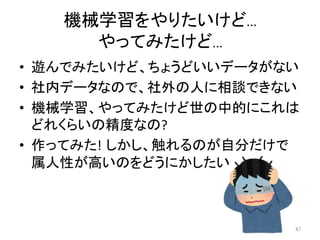 機械学習をやりたいけど…	
やってみたけど…	
•  遊んでみたいけど、ちょうどいいデータがない	
•  社内データなので、社外の人に相談できない	
•  機械学習、やってみたけど世の中的にこれは
どれくらいの精度なの?	
•  作ってみた! しかし、触れるのが自分だけで
属人性が高いのをどうにかしたい	
67	
 