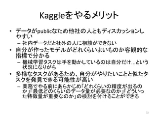 Kaggleをやるメリット	
•  データがpublicなため他社の人ともディスカッションし
やすい	
–  社内データだと社外の人に相談ができない	
•  自分が作ったモデルがどれくらいよいものか客観的な
指標で分かる	
–  機械学習タスクは手を動かしているのは自分だけ…という
状況になりがち	
•  多様なタスクがあるため、自分がやりたいことと似たタ
スクを発見できる可能性が高い	
–  業務でやる前にあらかじめ「どれくらいの精度が出るの
か」「最低どのくらいのデータ量が必要なのか」「どういっ
た特徴量が重要なのか」の検討を付けることができる	
72	
 
