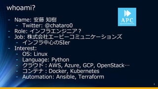 whoami?
3
- Name: 安藤 知樹
- Twitter: @chataro0
- Role: インフラエンジニア？
- Job: 株式会社エーピーコミュニケーションズ
- インフラ中心のSIer
- Interest:
- OS: ...