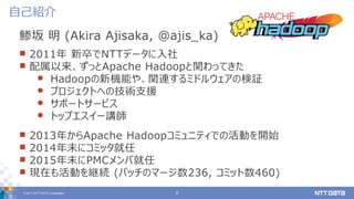 © 2017 NTT DATA Corporation 2
鯵坂 明 (Akira Ajisaka, @ajis_ka)
 2011年 新卒でNTTデータに入社
 配属以来、ずっとApache Hadoopと関わってきた
 Hadoopの新機能や、関連するミドルウェアの検証
 プロジェクトへの技術支援
 サポートサービス
 トップエスイー講師
 2013年からApache Hadoopコミュニティでの活動を開始
 2014年末にコミッタ就任
 2015年末にPMCメンバ就任
 現在も活動を継続 (パッチのマージ数236, コミット数460)
自己紹介
 