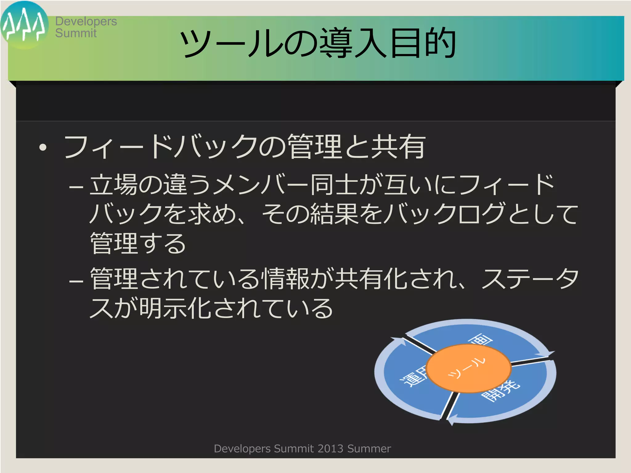 Summit
Developers
Developers Summit 2013 Summer
ツールの導入目的
• フィードバックの管理と共有
– 立場の違うメンバー同士が互いにフィード
バックを求め、その結果をバックログとして
管理する
– 管理されている情報が共有化され、ステータ
スが明示化されている
 