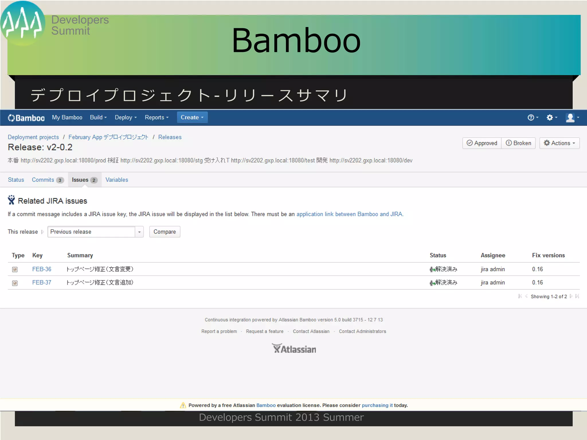 Summit
Developers
Developers Summit 2013 Summer
Bamboo
デ プ ロ イ プ ロ ジ ェ ク ト - リ リ ー ス サ マ リ
 