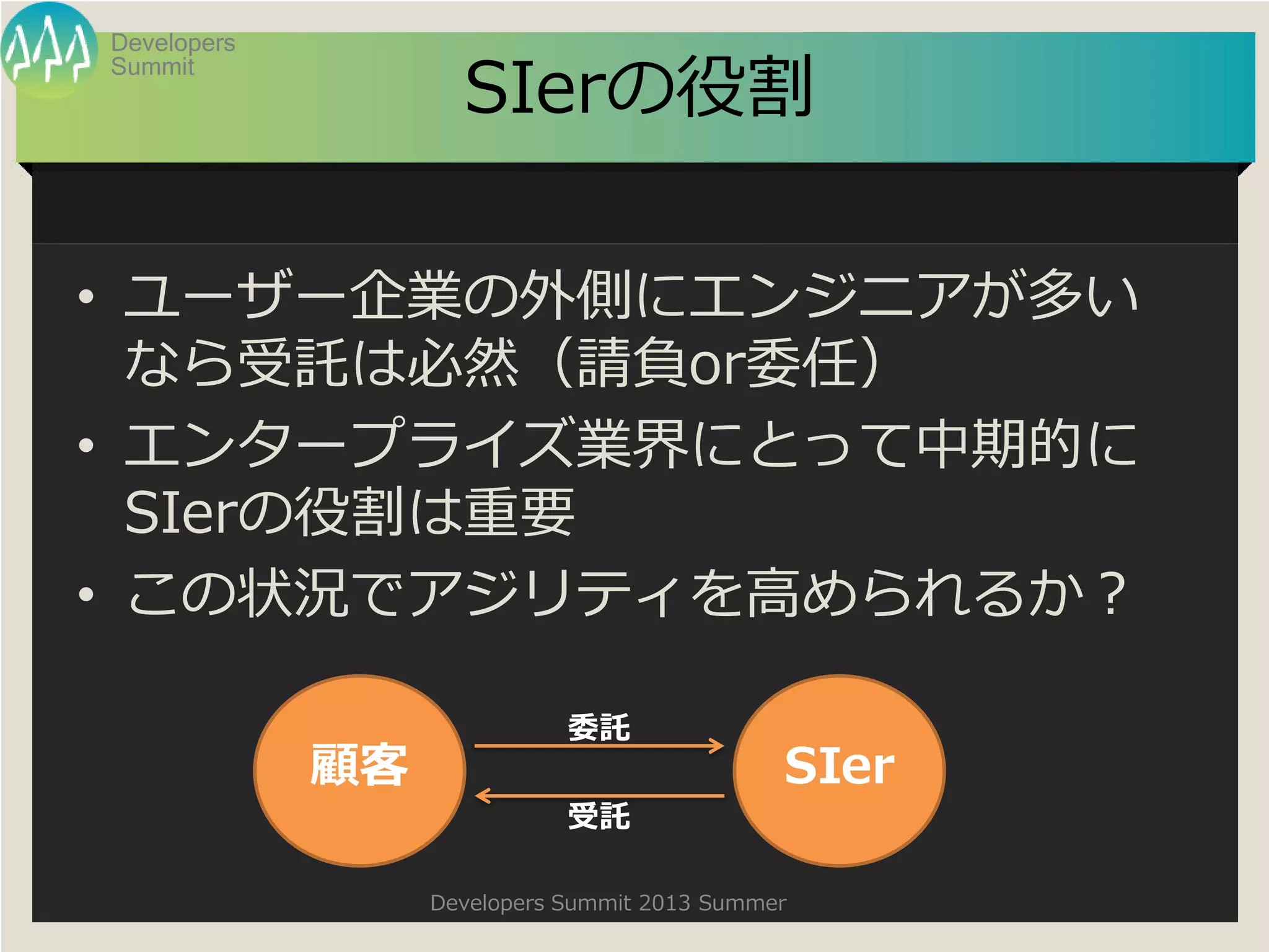 Summit
Developers
Developers Summit 2013 Summer
SIerの役割
• ユーザー企業の外側にエンジニアが多い
なら受託は必然（請負or委任）
• エンタープライズ業界にとって中期的に
SIerの役割は重要
• この状況でアジリティを高められるか？
顧客 SIer
委託
受託
 