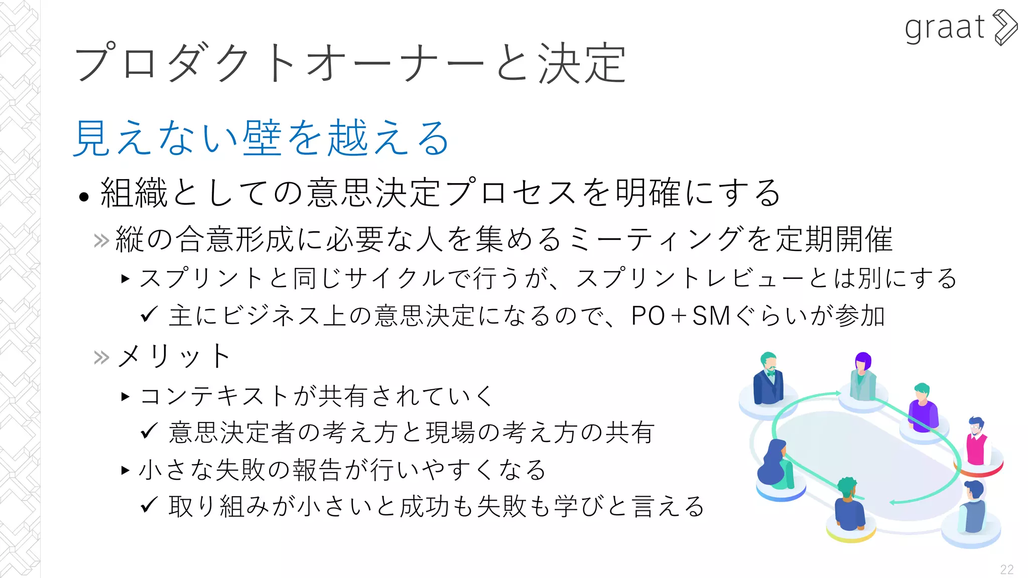 プロダクトオーナーと決定
⾒えない壁を越える
• 組織としての意思決定プロセスを明確にする
»縦の合意形成に必要な⼈を集めるミーティングを定期開催
▸スプリントと同じサイクルで⾏うが、スプリントレビューとは別にする
ü 主にビジネス上の意思決定になるので、PO＋SMぐらいが参加
»メリット
▸コンテキストが共有されていく
ü 意思決定者の考え⽅と現場の考え⽅の共有
▸⼩さな失敗の報告が⾏いやすくなる
ü 取り組みが⼩さいと成功も失敗も学びと⾔える
22
 