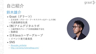 ⾃⼰紹介
鈴⽊雄介
• Graat（グラーツ）
» 正式名称：グロース・アーキテクチャ＆チームス(株)
» 代表取締役社⻑
• (株)アイムデジタルラボ
» 三越伊勢丹グループ DX推進機能⼦会社
» 取締役
• ⽇本Javaユーザーグループ
» イベント実⾏委員⻑
• SNS
» @yusuke_arclamp
» http://arclamp.hatenablog.com/
1
 