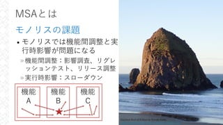 MSAとは
モノリスの課題
• モノリスでは機能間調整と実
⾏時影響が問題になる
»機能間調整：影響調査、リグレ
ッションテスト、リリース調整
»実⾏時影響：スローダウン
24
Haystack Rock at 8:30am by Brenda Dobbs
https://www.flickr.com/photos/bugldy99/45583127204/
機能
A
機能
B
機能
C
 
