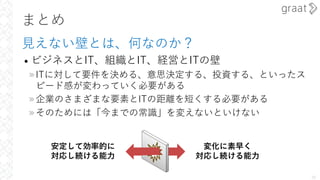 まとめ
⾒えない壁とは、何なのか？
• ビジネスとIT、組織とIT、経営とITの壁
»ITに対して要件を決める、意思決定する、投資する、といったス
ピード感が変わっていく必要がある
»企業のさまざまな要素とITの距離を短くする必要がある
»そのためには「今までの常識」を変えないといけない
38
安定して効率的に
対応し続ける能⼒
変化に素早く
対応し続ける能⼒
 