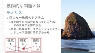 技術的な問題とは
モノリス
• 巨⼤な⼀枚岩のシステム
»機能同⼠が密結合になっているため、
⼀部の変更が全体に波及
»結果、影響調査、リグレッションテスト
、リリース調整に時間がかかる
18
機能
A
機能
B
機能
C
Haystack Rock at 8:30am by Brenda Dobbs
https://www.flickr.com/photos/bugldy99/45583127204/
 