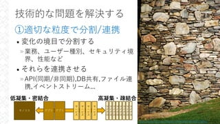 技術的な問題を解決する
①適切な粒度で分割/連携
• 変化の境⽬で分割する
»業務、ユーザー種別、セキュリティ境
界、性能など
• それらを連携させる
»API(同期/⾮同期),DB共有,ファイル連
携,イベントストリーム...
22
Stone wall by faungg's photos
https://www.flickr.com/photos/44534236@N00/4965756445/
アプリ アプリ
サ
ー
ビ
ス
サ
ー
ビ
ス
サ
ー
ビ
ス
サ
ー
ビ
ス
マ
イ
ク
ロ
マ
イ
ク
ロ
マ
イ
ク
ロ
マ
イ
ク
ロ
マ
イ
ク
ロ
マ
イ
ク
ロ
マ
イ
ク
ロ
マ
イ
ク
ロ
モノリス
⾼凝集・疎結合
低凝集・密結合
 