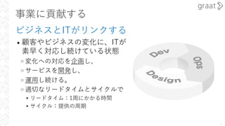 事業に貢献する
ビジネスとITがリンクする
• 顧客やビジネスの変化に、ITが
素早く対応し続けている状態
»変化への対応を企画し、
»サービスを開発し、
»運⽤し続ける。
»適切なリードタイムとサイクルで
▸リードタイム：1周にかかる時間
▸サイクル：提供の周期
4
 