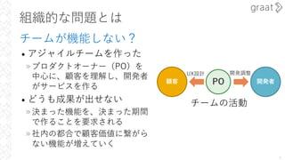 組織的な問題とは
チームが機能しない？
• アジャイルチームを作った
»プロダクトオーナー（PO）を
中⼼に、顧客を理解し、開発者
がサービスを作る
• どうも成果が出せない
»決まった機能を、決まった期間
で作ることを要求される
»社内の都合で顧客価値に繋がら
ない機能が増えていく
8
UX設計
開発者
顧客 PO
開発調整
チームの活動
 