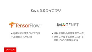 • 機械学習の開発ライブラリ
• Googleさんが公開
• 機械学習⽤の画像学習データ
• 世界に存在する物体について
平均1000の画像を保持
Keyとなるライブラリ
 