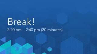 8:30am - 9:00am Expectations, Introductions and Ground Rules
9:00am - 9:20am Exercise
9:20am - 10:20am Presentation & Activity: Journey Mapping
10:20am - 10:40am Morning Break
10:40am - 11:00am Exercise
11:00am - 12:00pm Presentation & Activity: Personas
12:00pm - 1:00pm Lunch
1:00pm - 1:20pm Exercise
1:20pm - 2:20pm Presentation & Activity: Wireframing
2:20pm - 2:40pm Afternoon Break
2:40pm - 3:00pm Exercise
3:00pm - 4:00pm Presentation & Activity: Usability Studies
4:00pm - 5:00pm Wrap Up
Agenda
 