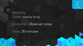 Observers
Be on the look out for:
• Do they get it?
• Can they find their way around?
• Head slappers
• Shocks
• Inspiration
• Passion
 