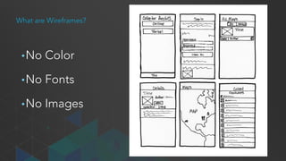 What are Wireframes?
Simple black and white line diagrams
that show placement of elements
within an interface.
 