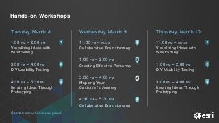 Wednesday, March 9
11:00 PM – NOON
Collaborative Brainstorming
1:00 PM – 2:00 PM
Creating Effective Personas
3:00 PM – 4:00 PM
Mapping Your
Customer’s Journey
4:30 PM – 5:30 PM
Collaborative Brainstorming
Tuesday, March 8
1:00 PM – 2:00 PM
Visualizing Ideas with
Wireframing
3:00 PM – 4:00 PM
DIY Usability Testing
4:30 PM – 5:30 PM
Iterating Ideas Through
Prototyping
Thursday, March 10
11:00 AM – NOON
Visualizing Ideas with
Wireframing
1:00 PM – 2:00 PM
DIY Usability Testing
3:00 PM – 4:00 PM
Iterating Ideas Through
Prototyping
Hands-on Workshops
GeoNet: esriurl.com/uxuigroup
 