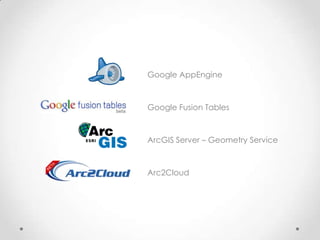 Google AppEngineGoogle Fusion TablesArcGIS Server – Geometry ServiceArc2Cloud