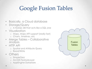 Google Fusion TablesBasically, a Cloud databaseStorage/QueryA NoSQLDB that acts like a SQL oneVisualizationMaps, Maps API support (really fast)Charts, timelines, etcMerge Tables – Collaborative Analysis HTTP APISpatial and Attribute QueryRead/WriteOthersSimpleGeoArcGIS FeatureLayerAppEngineDatastoreFusion Tables